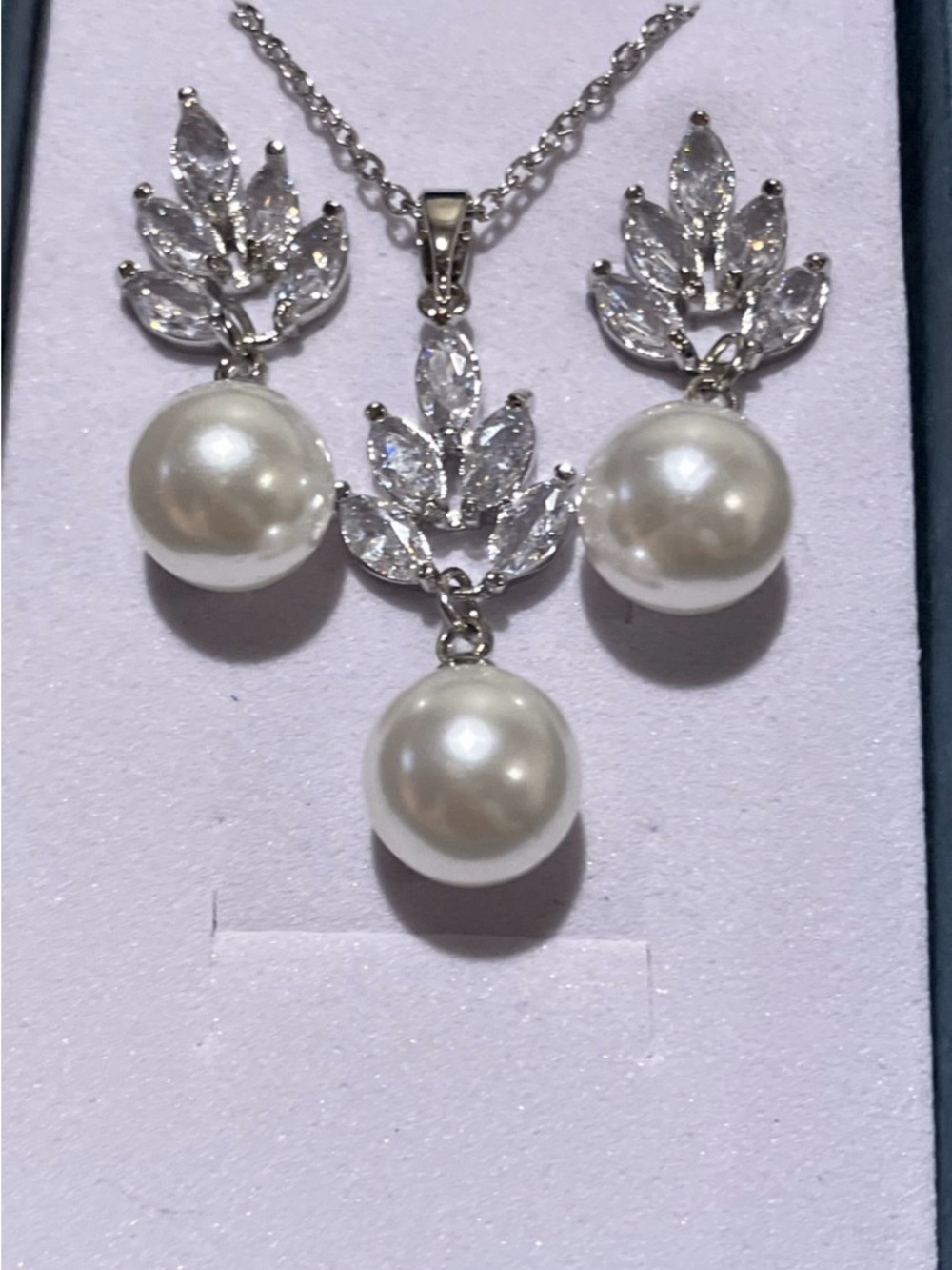 Faux Pearl Necklace and Earring Set with CZ in Stainless Steel